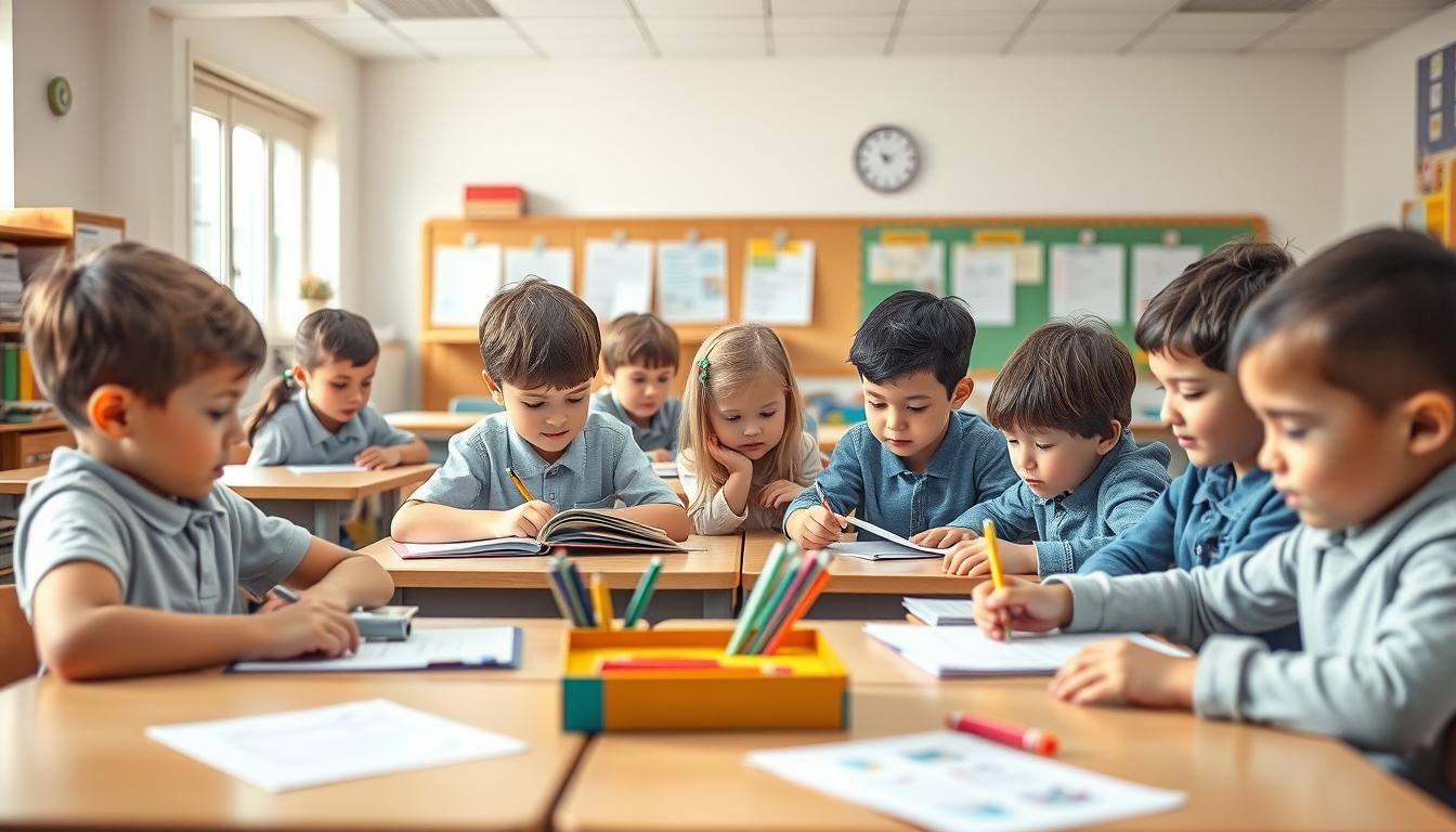 Students studying together in modern classroom