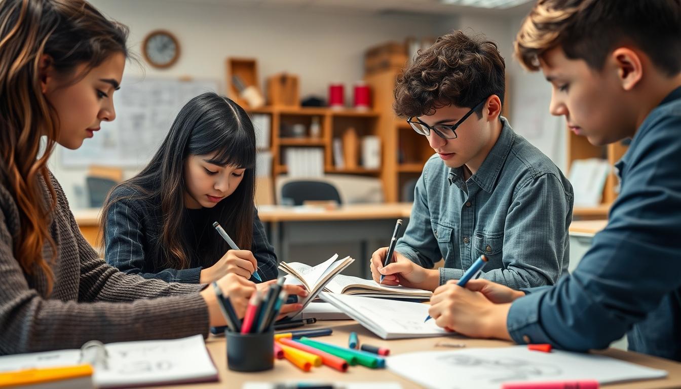 Students studying together in modern classroom